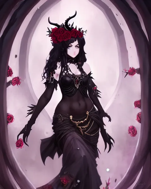 Prompt: dark sorceress in beautiful dress surrounded by black roses horns and skulls, cushart krenz, very detailed, realistic face, detailed face, matte, tonemapping, bbwchan, perfection, 4 k, cushart krenz