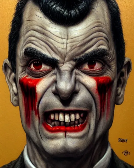 Image similar to portrait of mr bean as a vampire, gritty, dark, very detailed, hyperrealistic, very detailed painting by Glenn Fabry, by Joao Ruas