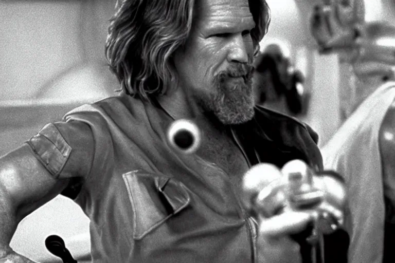 Prompt: Jeff Bridges from The Big Lebowski bowling in the Mos Eisley Cantina from Star Wars