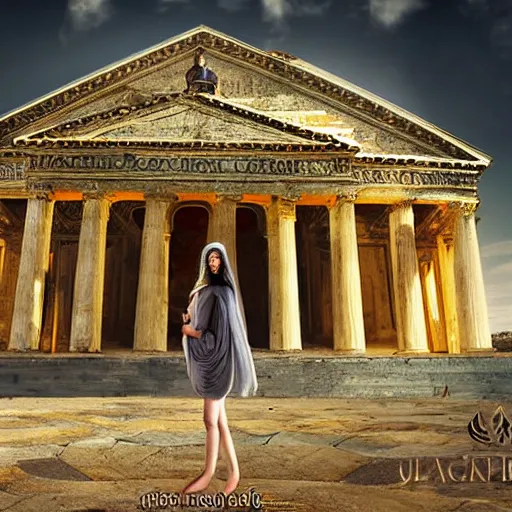 Image similar to young ancient greek woman in golden helmet, giant grey-haired bearded male face in the sky, marble pantheon palace in the sky, clouds background, epic fantasy style art, fantasy epic digital art