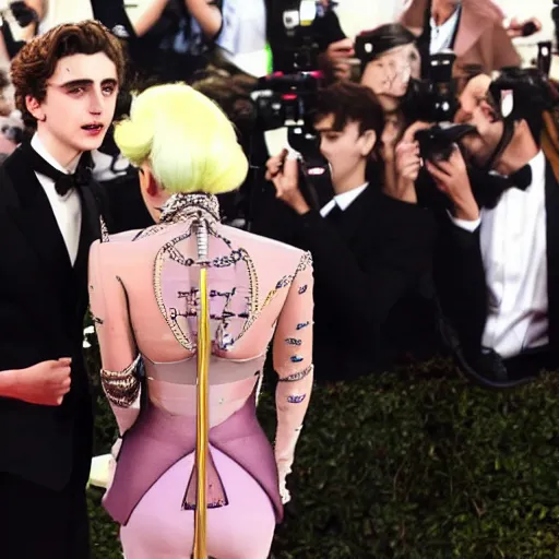 Image similar to timothee chalamet and lady gaga meet eachother, highly beautiful faces, highly detailed