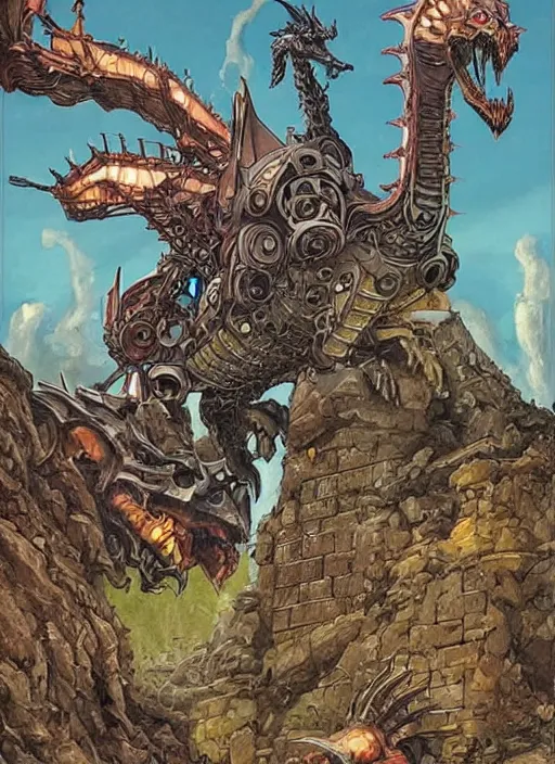 Image similar to detailed fantasy comic book drawing of a ( giant mechanical dragon ) over a ( stronghold castle ) by dariusz zawadski and simon stalenhag, simon bisley!, jack kirby!!! and gris grimly, cinematic, epic, awesome color palette, hard contrast, ink outlines