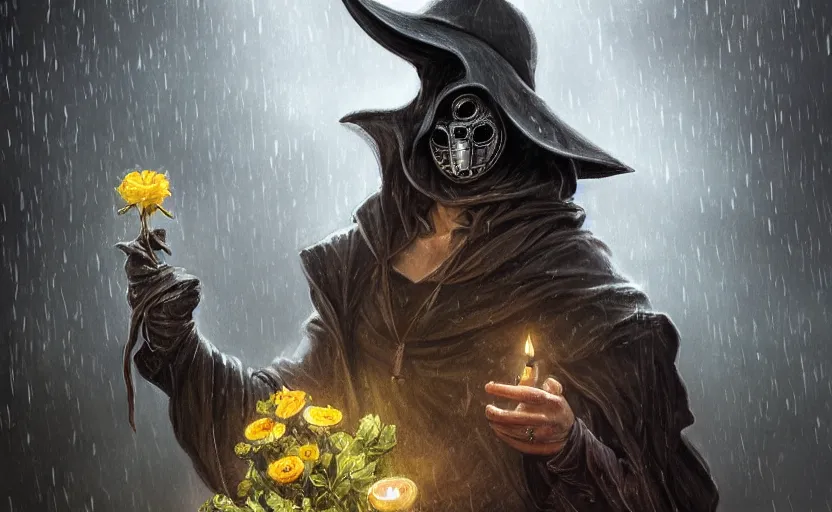 Image similar to plague doctor holding flowers, heavy rain, wind, thunder, reflections, deep focus, d & d, fantasy, intricate, elegant, highly detailed, digital painting, artstation, concept art, matte, sharp focus, illustration, hearthstone, art by artgerm and greg rutkowski and alphonse mucha