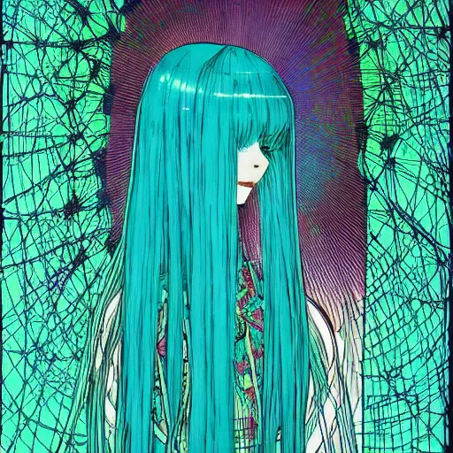 Image similar to hatsune miku, long teal hair, artwork by Harry Clarke, highly detailed