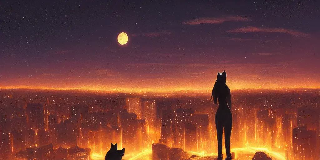 Image similar to A cat overlooking a city at night by Jessica Rossier and Alena Aenami