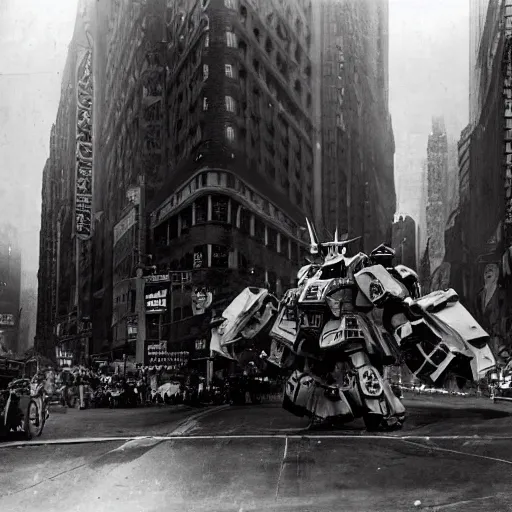 Prompt: old black and white photo, 1 9 1 3, depicting a diesel gundam rampaging through the bustling streets of new york city, historical record