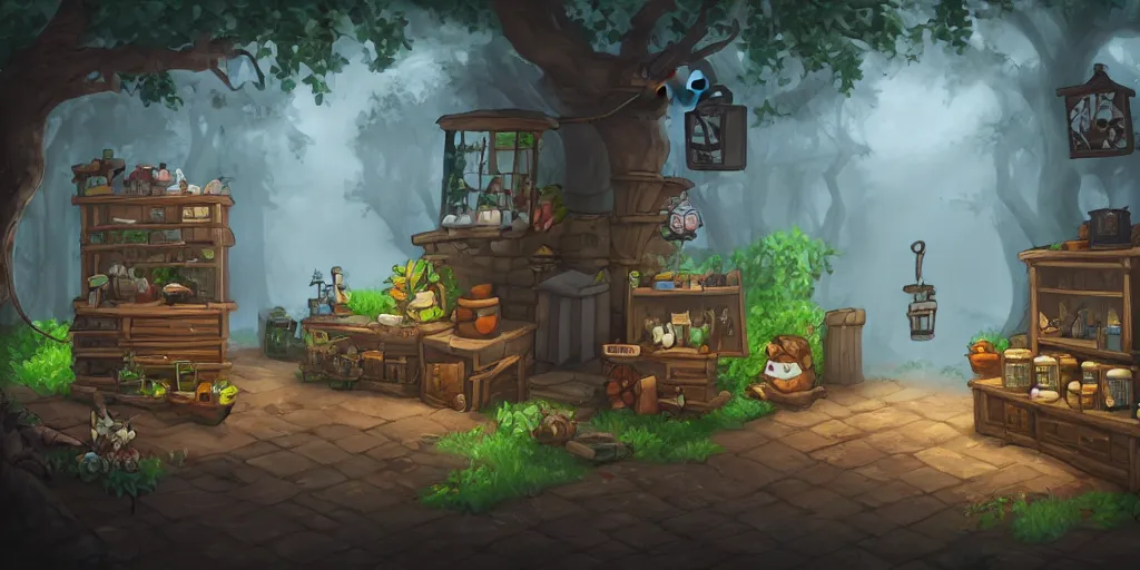 Prompt: apothecary shop, in a village, in the woods, ominous mist, high quality masterpiece acclaimed 2 d platformer, artstation