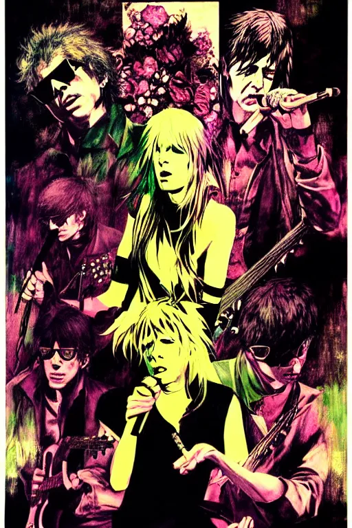 Image similar to the velvet underground and nico playing live on stage at a night club, beautiful stage decoration with flowers in the background, painting by yoji shinkawa, very detailed and colorful and toned down and ornamental and moody and cool and relaxed and high on drugs, trending on artstation, behance contest winner