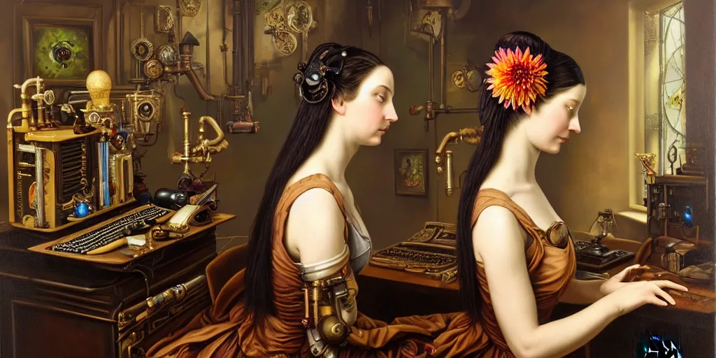 Prompt: classical oil painting, side view of 1 woman with dark long straight hair using a steampunk pc, a dahlia flower is in her hair, sitting inside a cluttered storage room, sleepcap, cottagecore, steampunk pc keyboard, extremely detailed, rule of thirds, readability, smooth, sharp focus, painted by alex grey, painted by brothers hildebrandt