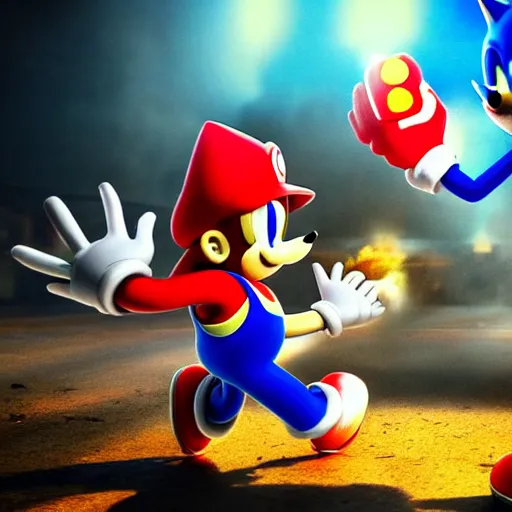 Image similar to sonic beating up mario while he bleeds, dslr, 8 k, octane beautifully detailed render, dark mood, cinematic lighting, detailed photo, masterpiece, volumetric lighting, ultra realistic, highly detailed, high quality, lossless, photorealistic