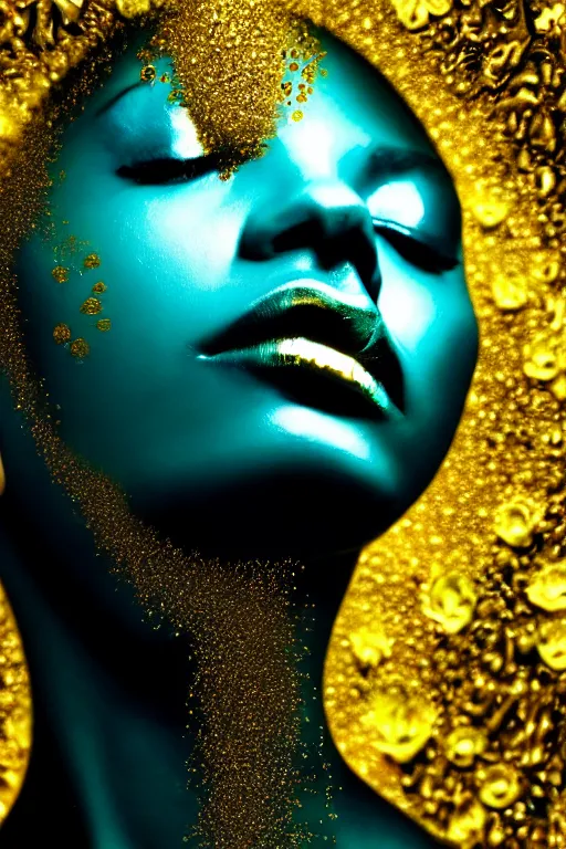 Image similar to hyperrealistic modern cinematic very expressive! profile black oshun goddess, head emerging from water, mirror dripping droplet!, gold flowers, highly detailed face, digital art masterpiece, smooth eric zener cam de leon, dynamic pearlescent teal light, low angle uhd 8 k, sharp focus