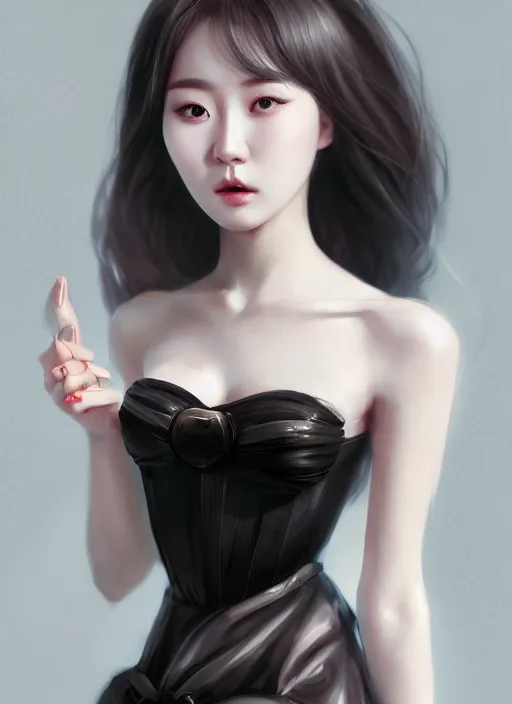 Image similar to beautiful korean fashion goddness, strapless dress, character portrait in the style of thomas river and artgerm, wlop, cinematic lighting, hyperdetailed, 8 k realistic, symmetrical, global illumination, radiant light, halo, love and mercy, frostbite 3 engine, cryengine, dof, trending on artstation, digital art, chanel