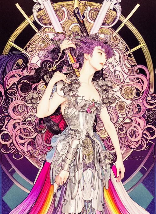 Image similar to artstation highly detailed terada katsuya ayami kojima manga poster of princess mechine, rainbow gradient reflection, long hair, armor, dress, laces, ruffles, 8 k, maximalist,, jump comics, tomer hanuka, alphonse mucha