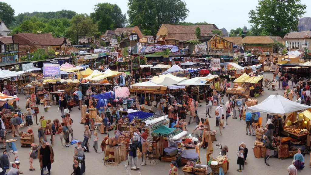 Image similar to a small town market of neanderthals, everyone is busy trading and having fun