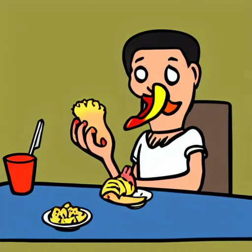 Image similar to a cartoon of a very skinny man feasting on chicken drumsticks