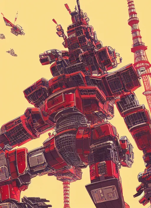 Image similar to tokyo tower as a giant war robot. ultra detailed, close - up, by conrad roset, takato yomamoto, jesper ejsing, masamune shiro, ukiyo - e, 8 k resolution, octane render, high quality, professional artwork