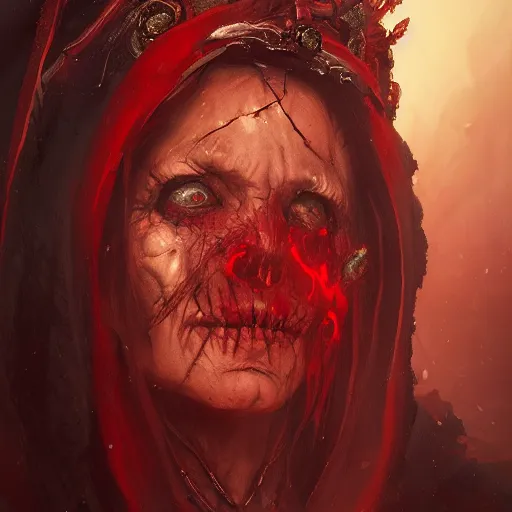 Image similar to a beautiful portrait of an ancient elderly necromancer queen, embers, skeletal, red-fabric, red-eyes, by Greg Rutkowski and Raymond Swanland, Trending on Artstation, ultra realistic digital art