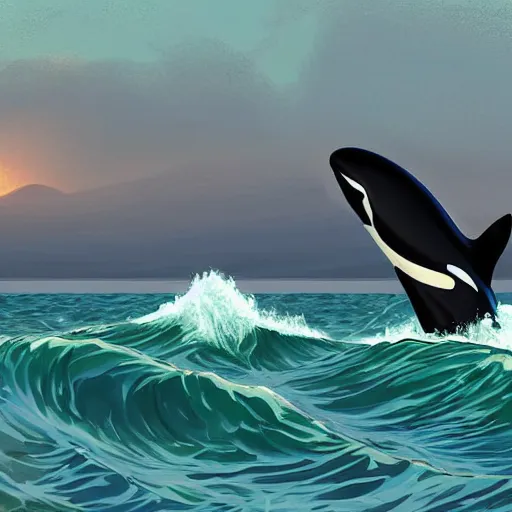 Image similar to a terrifying orca tapdances off the coast of a small fishing village, pads of waves as the sun sets, the fishing village off in the horizon, digital art