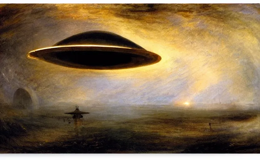 Prompt: Arrival Spaceship ufo by William Turner