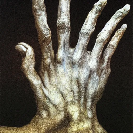 Prompt: the hand from the earth by beksinski