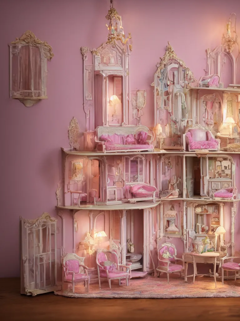 Image similar to hyperrealistic, highly detailed rendering, one source of light, interior of a victorian doll house, polly pocket, cute, strange, pastel tones, victorian furnitures, low natural light, volumetric light windows, oak wood floor, luxe, 8 k, ultra wide angle