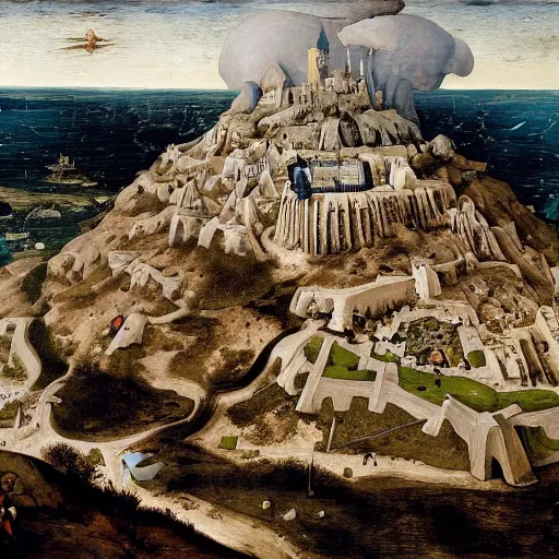 Prompt: Minas Tirith by Bruegel, oil-painting, masterpiece