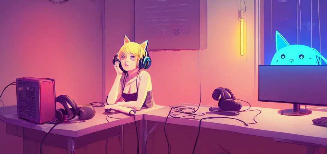 Prompt: a blond woman with cat ear headphones, sitting in front of computer, gamer, computer nerd, cute room, neon lights, gamer aesthetic, lofi vibes, strong crisp lineart and flat color, by ilya kuvshinov, krenz cushart, Greg Rutkowski, trending on artstation