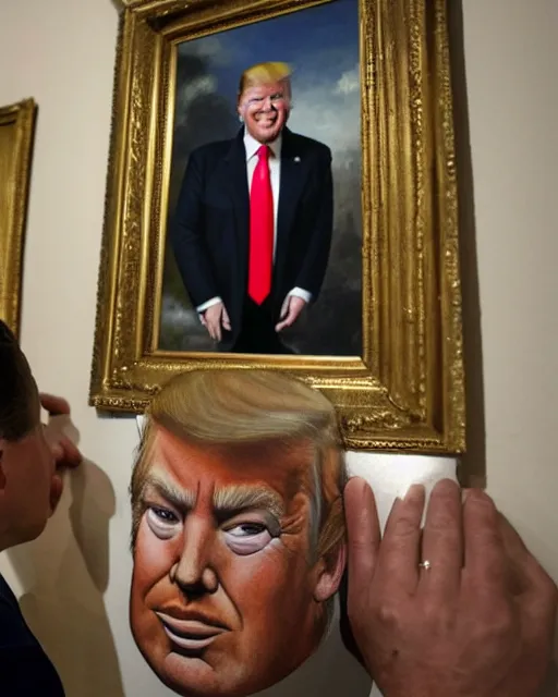 Image similar to a presidential portrait of donald trump in the style caricature artist oil painter sebastian kruger hanging on a wall at mar - a - largo