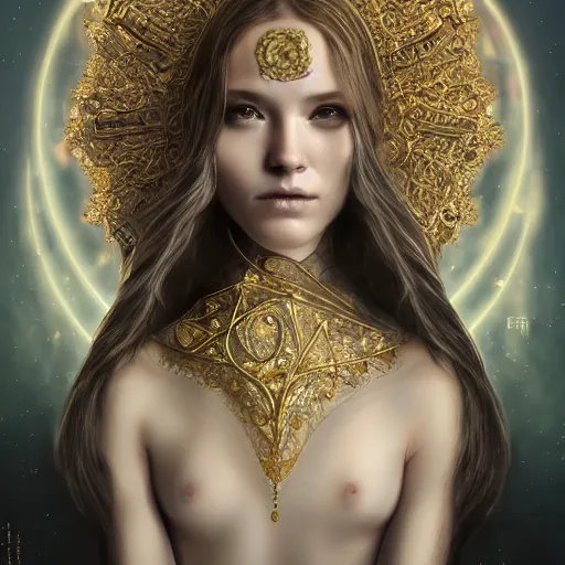 Prompt: human portrait, ethereal, face, crystal, intrincate, cgsociety, devianart, ornate, maximalist, fine art, golden details, carved, tarot card enviroment