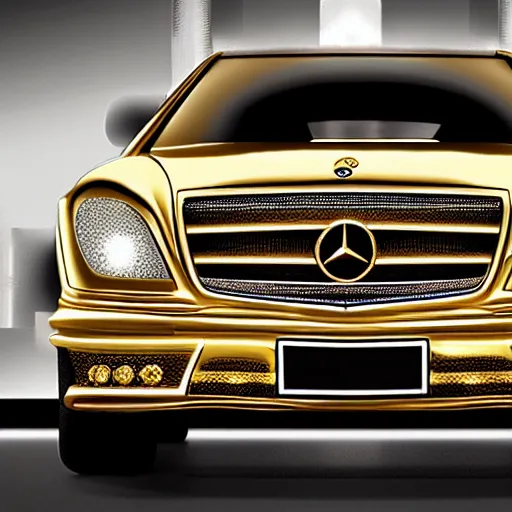 Prompt: an extremely luxurious golden mercedes adorned with diamonds