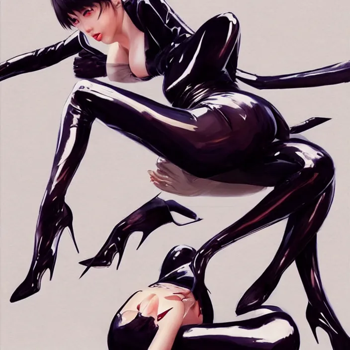 Image similar to lounging japanese girl, full body, high fashion, latex, urban, sharp, flowing, slick, highly detailed, concept art, digital art, smooth, sharp focus, hd, art by greg rutkowski and syd mead and annie leibovitz