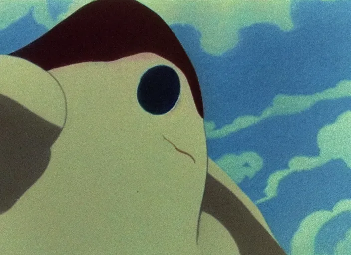 Prompt: soft pleasing - palette friendly colossal gentle monster friendly giant wind spirit goliath soft face character portrait, kind eyes, smiling, close - up, pleasing palette, undulating nebulous clouds, adorable, friendly, dyllic cumulonimbus still from fantasia pastel from fantasia ( 1 9 4 1 )