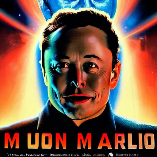 Image similar to movie poster of elon musk as a villain who looks at the planet mars with a macabre smile, his face is illuminated with a red light, drew struzan style