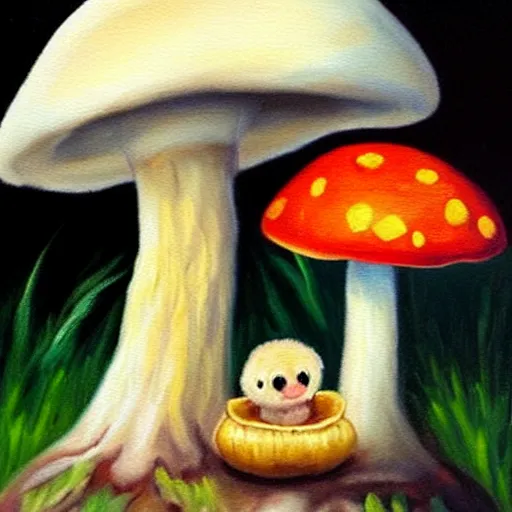 Prompt: a professional oil painting of a cute creature sitting next to a mushroom, detailed, realistic