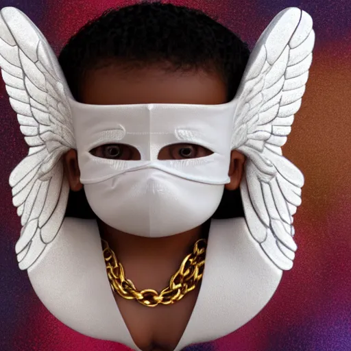 Image similar to a high tech 3 d rendering of a a baby cherub angel wearing a balaclava face mask, ski mask, face covered, gucci, chanel, covered face, fixed eyes, tattoos, multiple gold cuban chain necklace, graffiti in background octane render, blender