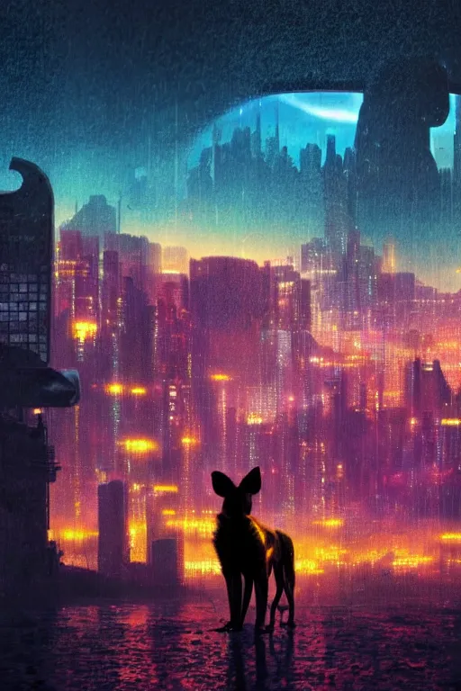 Prompt: an african wild dog, silhouette against a cyberpunk cityscape, neon, mountains, mist, giant trees, by paul lehr