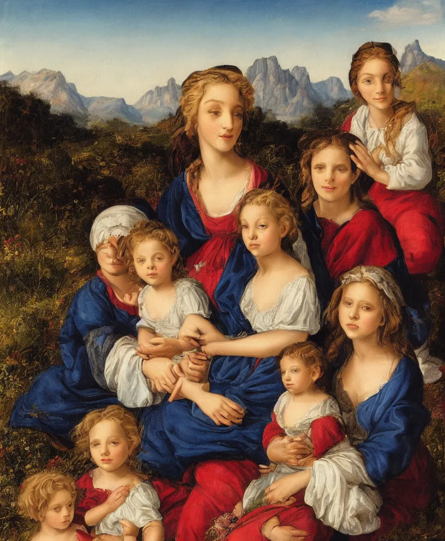 Prompt: Detailed Portrait of beautiful Madonna with two children playing in the style of Raffael. They are sitting in a dried out meadow. In the background, there is a lake with a town and mountains. Close up.