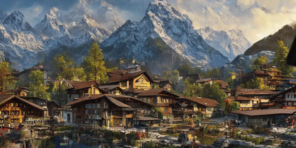 Image similar to A Swiss town as Far Cry 4 concept art, spring season, beautiful, gorgeous buildings, oil painting, painting by Viktor Vasnetsov, concept art, fantasy cityscape, swiss architecture, painting by Ivan Shishkin, hyperborea, high resolution, trending on artstation,