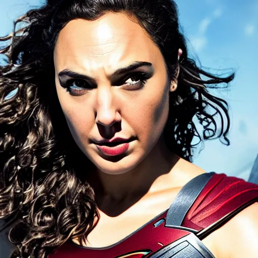 Image similar to an potrait of gal gadot play Man of Steel replacing Henry Cavill, view from below, photorealistic, high detail, photo studio, testing custom, 4k