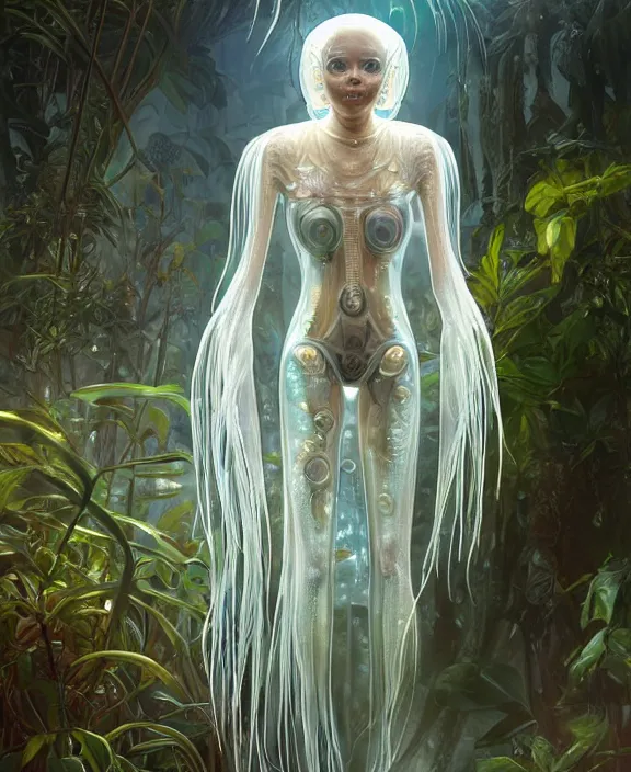 Prompt: opulent transparent clear see - through portrait of a terrifying beautiful male alien jellyfish robot, mottled coloring, adorable, childlike, overgrown biopunk jungle environment, ultra realistic, concept art, art nouveau, photorealistic, octane render, 8 k, unreal engine. art by christopher marley and artgerm and greg rutkowski and alphonse mucha