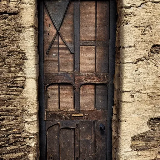 Prompt: A ajar dilapidated door with a human face hangs on loops, medieval style, dramatic lighting