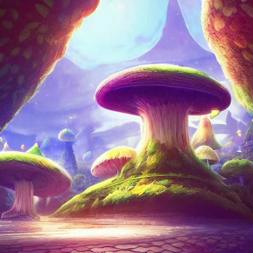 Image similar to beautiful matte art of a mushroom kingdom in the style of futuristic 1 8 th / 1 9 th / 2 0 th century concept art detailed realistic, highly detailed, crystal lighting, hyperrealistic, unreal engine, magical