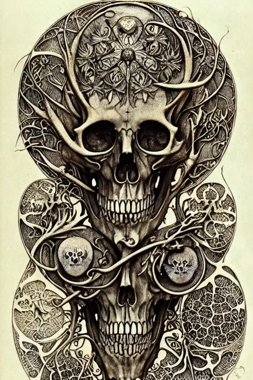 Image similar to memento mori by arthur rackham, art forms of nature by ernst haeckel, exquisitely detailed, art nouveau, gothic, ornately carved beautiful skull dominant, intricately carved antique bone, art nouveau botanicals, ornamental bone carvings, art forms of nature by ernst haeckel, horizontal symmetry, arthur rackham, ernst haeckel