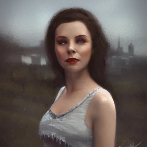 Image similar to a closeup portrait of a young vivian leigh, 1 9 7 0 s, city background, gorgeous view, sunset, film noir, depth, by seb mckinnon, by greg rutkowski, by igor kieryluk, digital art, trending on artstation