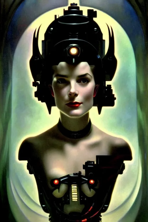 Image similar to young and beautiful evil cyborg grace kelly by future steichen in the style of tom bagshaw, alphonse mucha, gaston bussiere, cyberpunk. anatomically correct elegant cybernetic body mods. extremely lush detail. masterpiece. melancholic scene infected by night. perfect composition and lighting. sharp focus. high contrast lush surrealistic photorealism. sultry evil.