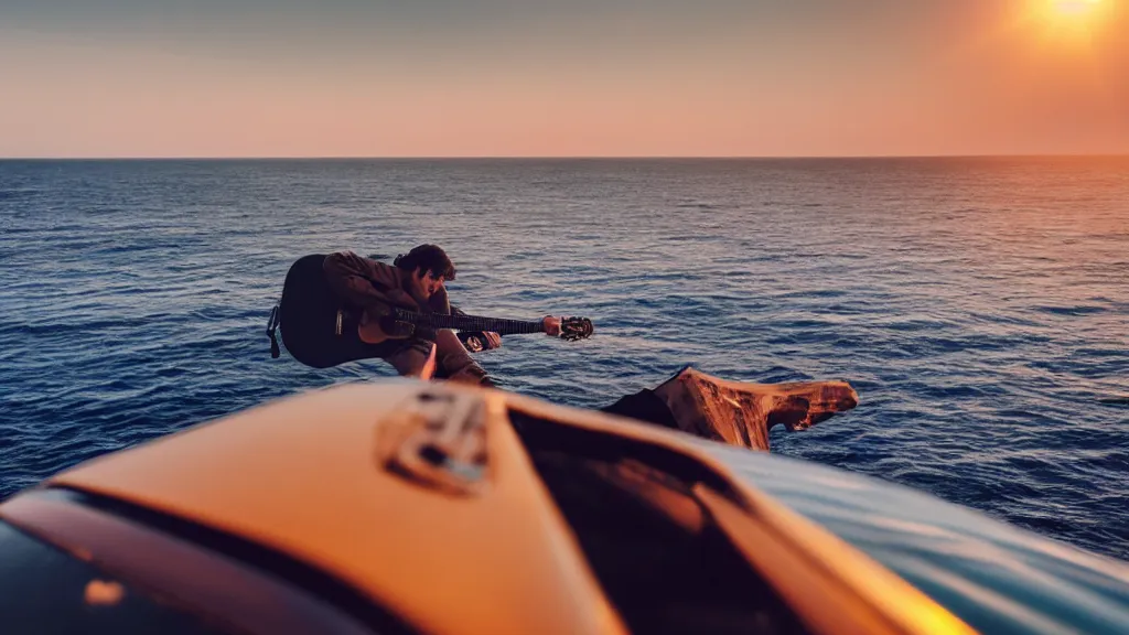 Image similar to a movie still of a man playing guitar on the roof of a car driving through the ocean at sunset, golden hour