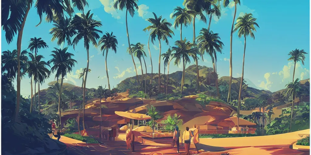 Prompt: casino on top of a hill with palmtrees, game background median photoshop filter cutout vector behance hd by jesper ejsing, by rhads, makoto shinkai and lois van baarle, ilya kuvshinov, rossdraws, illustration, art by ilya kuvshinov and gustav klimt