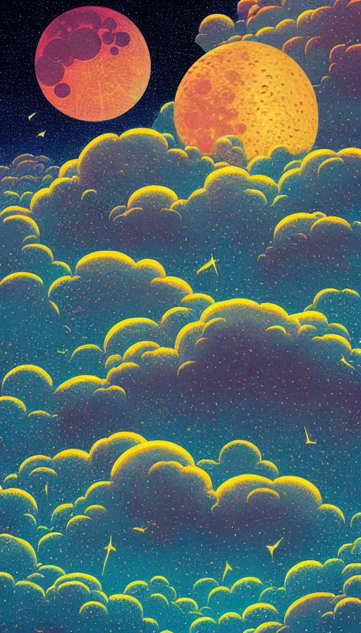 Prompt: harvest moon floating on cosmic cloudscape full of thousand luminous fireflies, futurism, dan mumford, victo ngai, kilian eng, da vinci, josan gonzalez