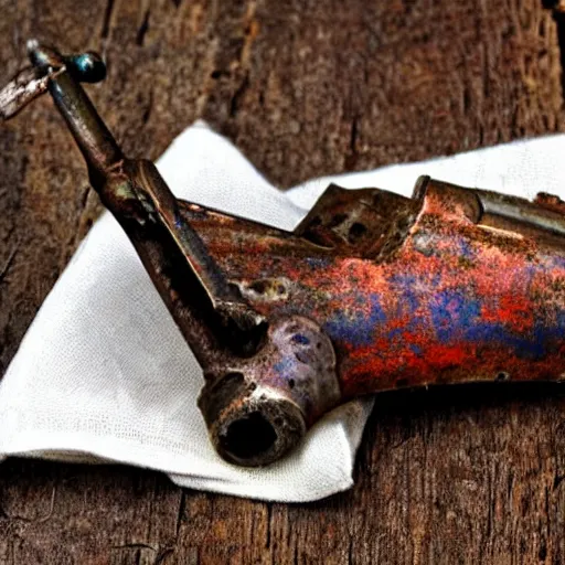 Image similar to An old rusty pistol on a napkin, deeply rusted, water damage, bullet beside it,
