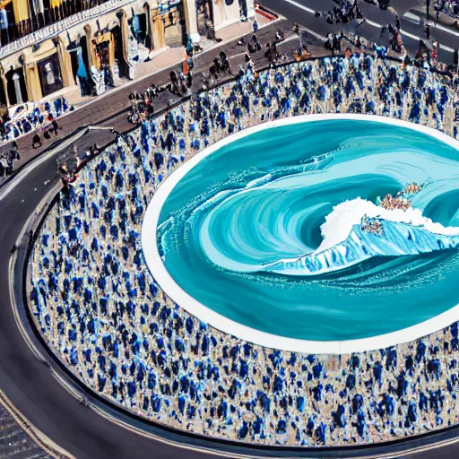 Prompt: A white and blue marble sculpture of The Great Wave off Kanagawa in the middle of an Italian piazza without people, midday, 4k photograph, sunny day, long shot, overhead view, far away